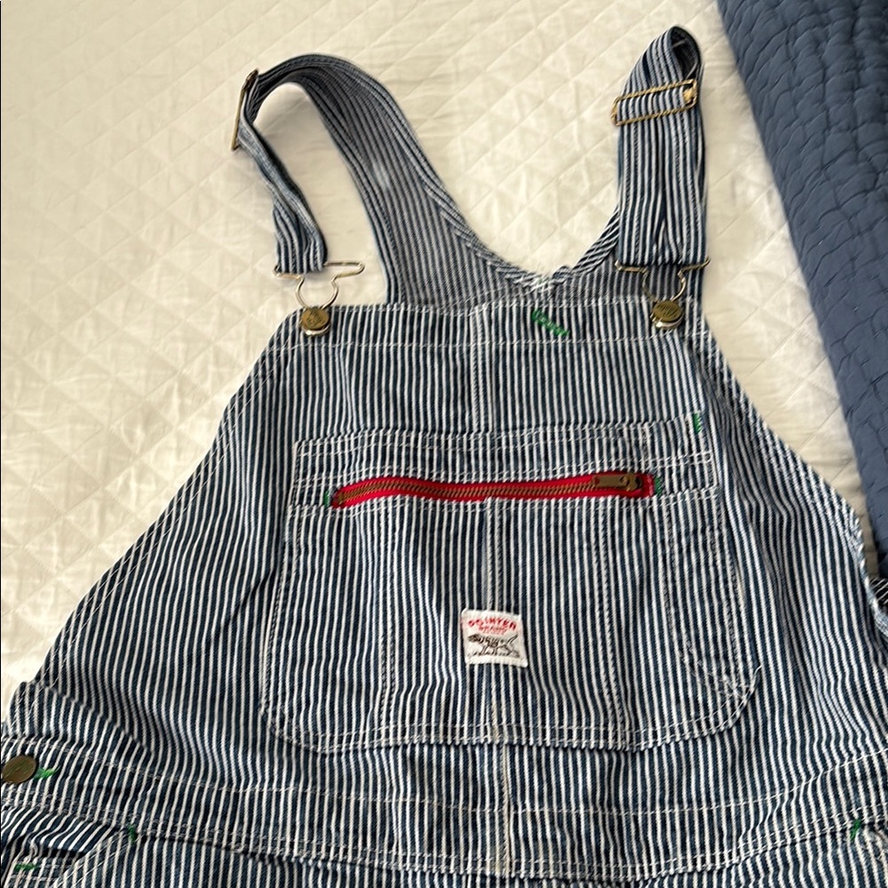 Striped railroad Overalls with Red Accent